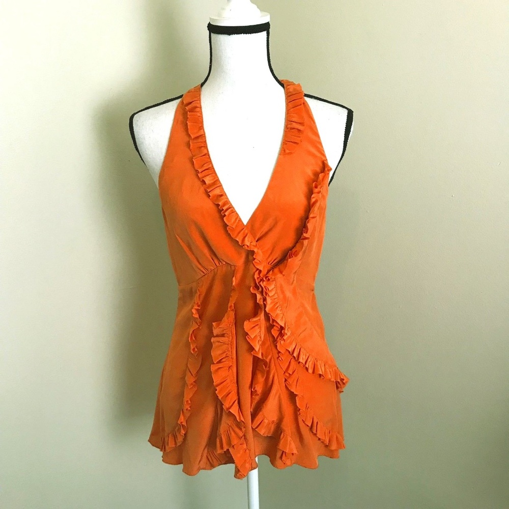 BCBG Maxazria Orange Silk Halter Top Blouse Ruffle
